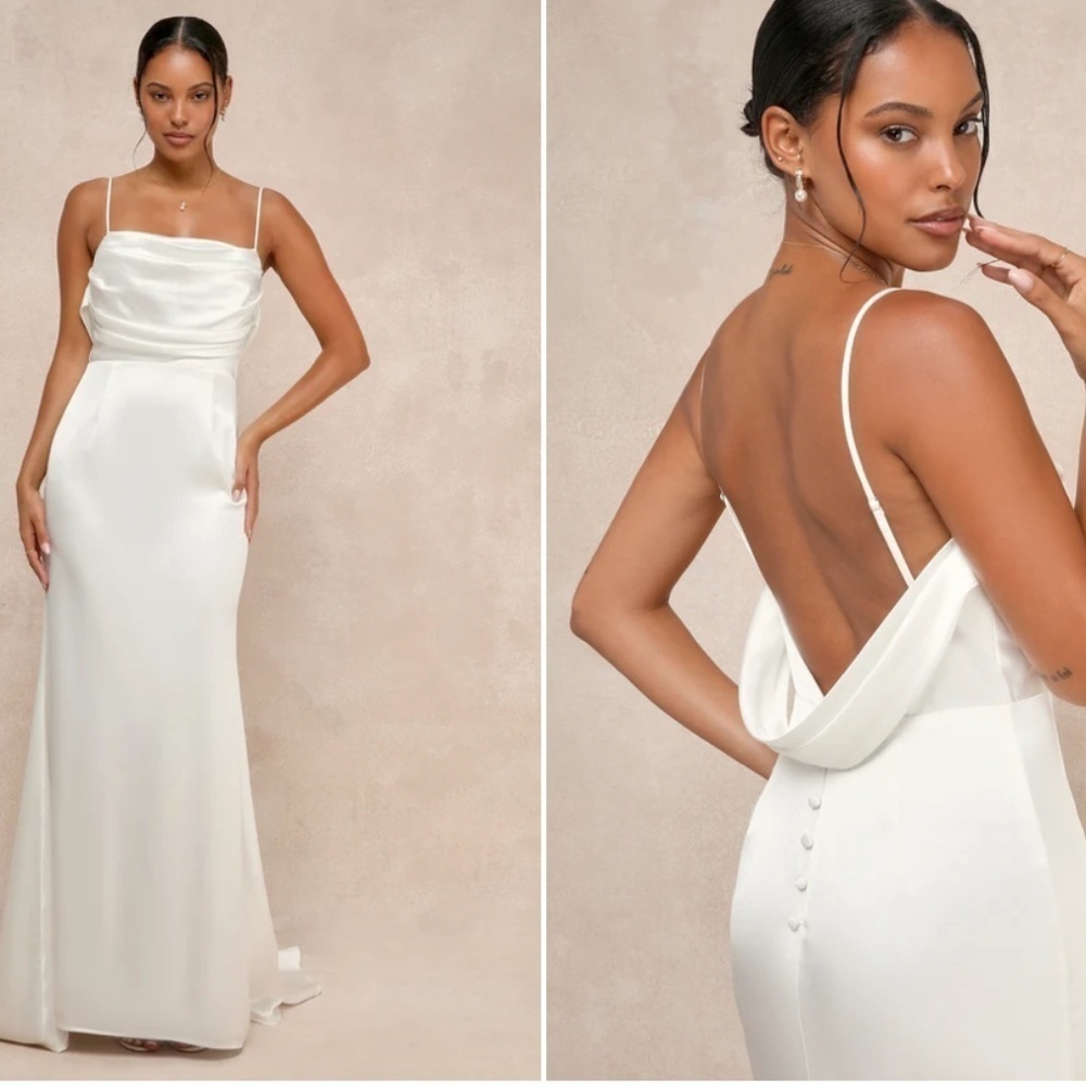 LULU's Bridal Sexy Elegant Sophisticated White Chic Satin Maxi Gown with Train - Picture 3 of 4